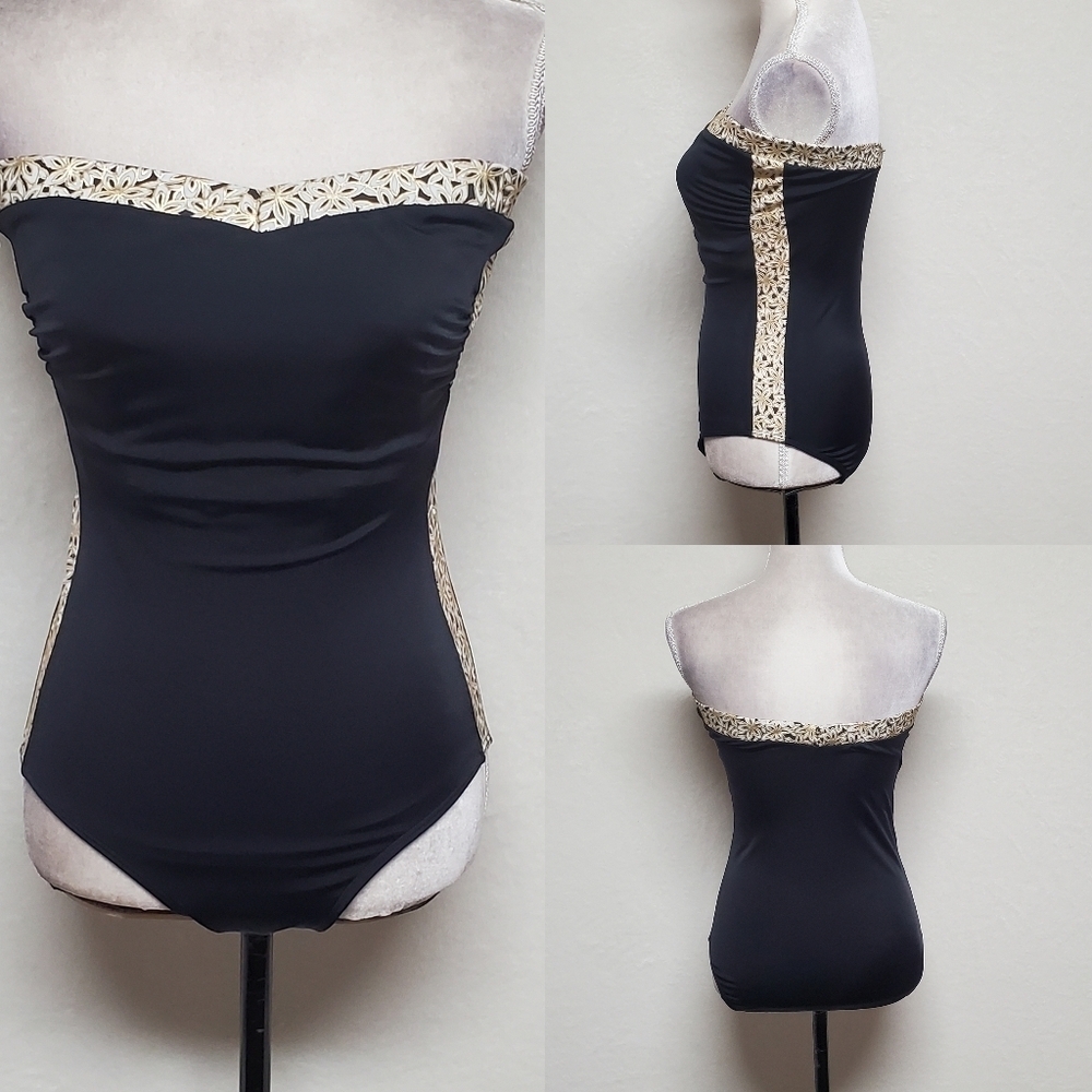 80s Vintage Roxanne Black Gold Floral Embroidered Sleeves One-piece Swimsuit 16